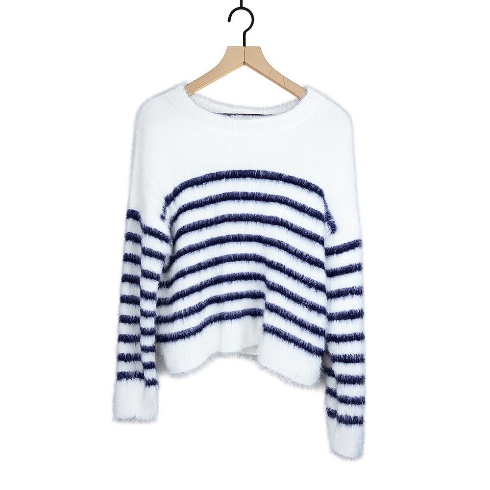 NWT La Ligne x Target Fuzzy Striped Pullover Sweater Cream Navy Size L